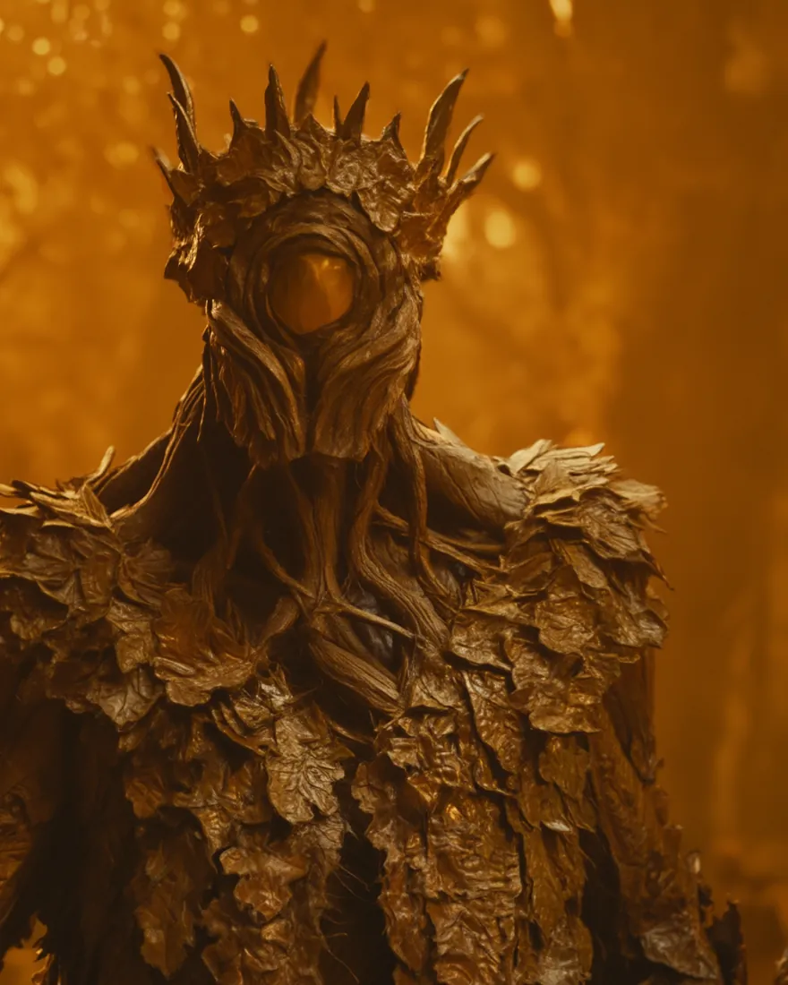 A Sagee under its crown, amber set in the centre of a head of hardened sap, the bark robe carved chip by chip.