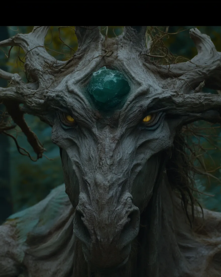 A Satye head on, the raw gem lit green in the forehead, root antlers weaving out from the temples.