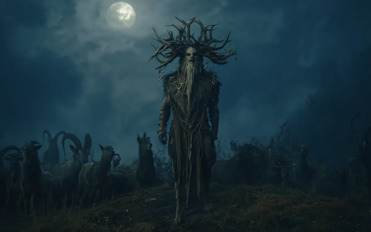 The high ground above the forest line under a full moon, a herd standing off along the ridge.