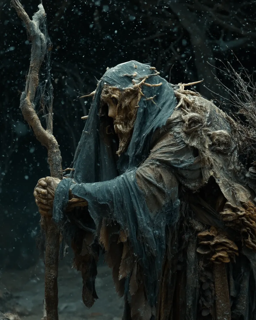 A Shieken leaning on a dead branch staff, robed in leaves, skins and the bits collected from the corpses in its care.