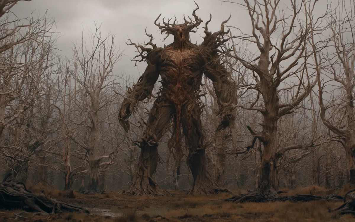 A winter wood standing bare and drained of colour, a Trena among the trunks whose bark it matches.