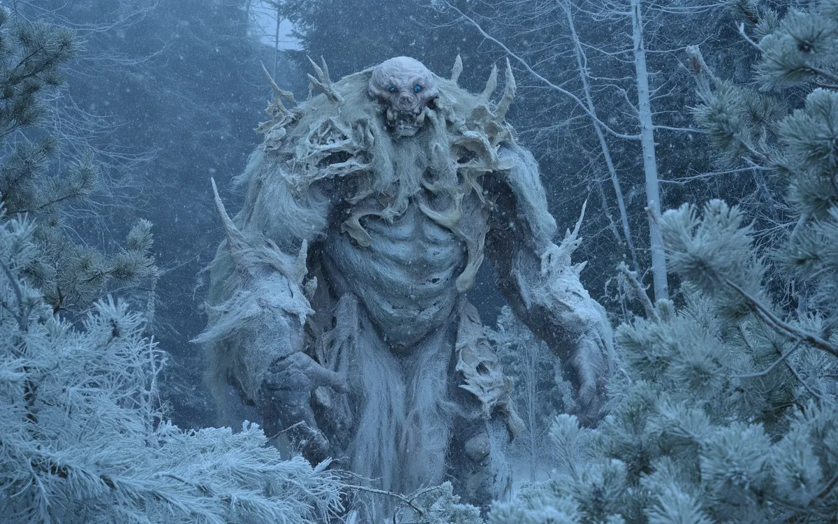The northern wood under frost, every branch loaded white and the light gone blue ahead of the storm.