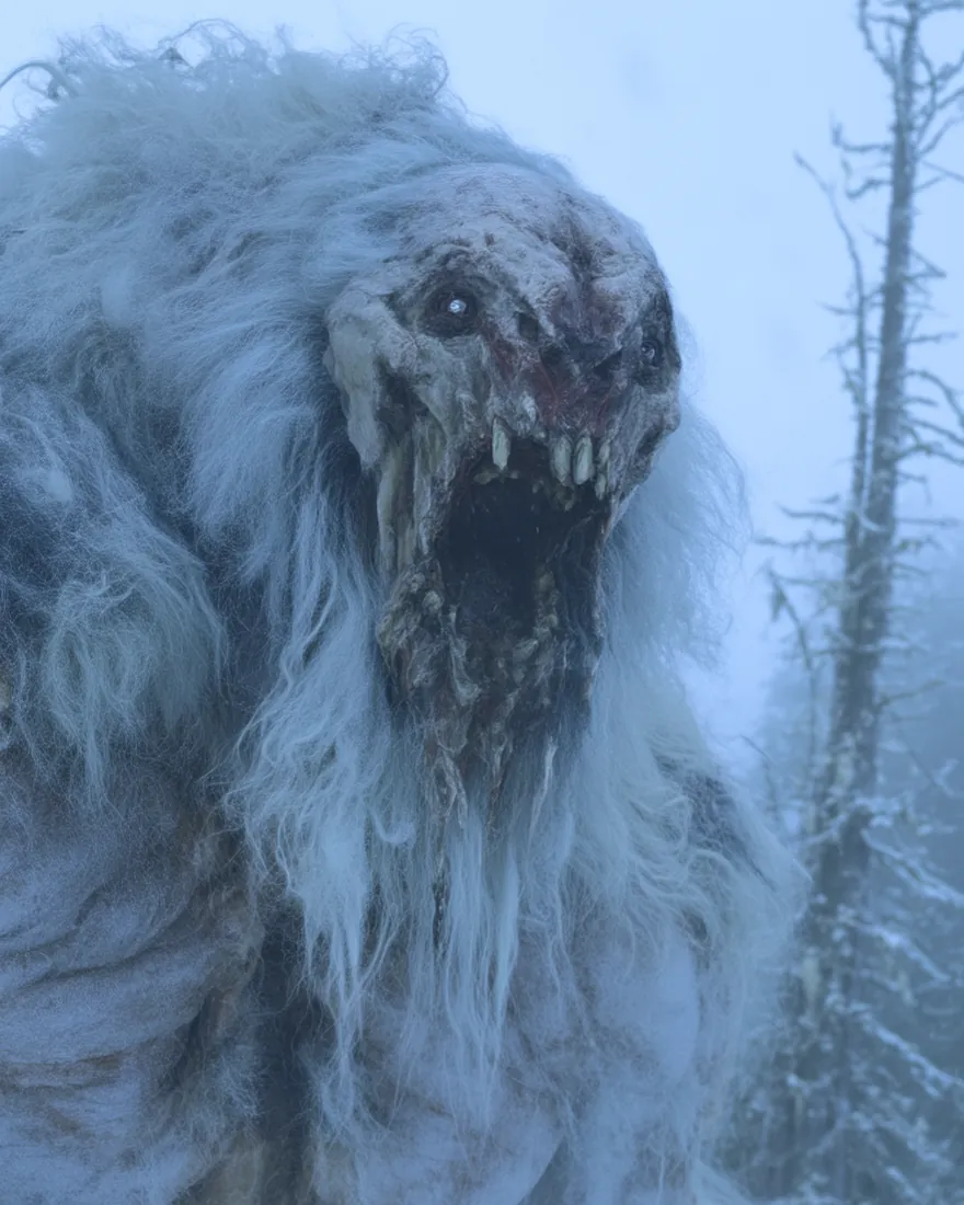 A Yeb mid-call in the drifts, grey and pale blue fur crusted with snow, the neck swollen and the mouth wide.