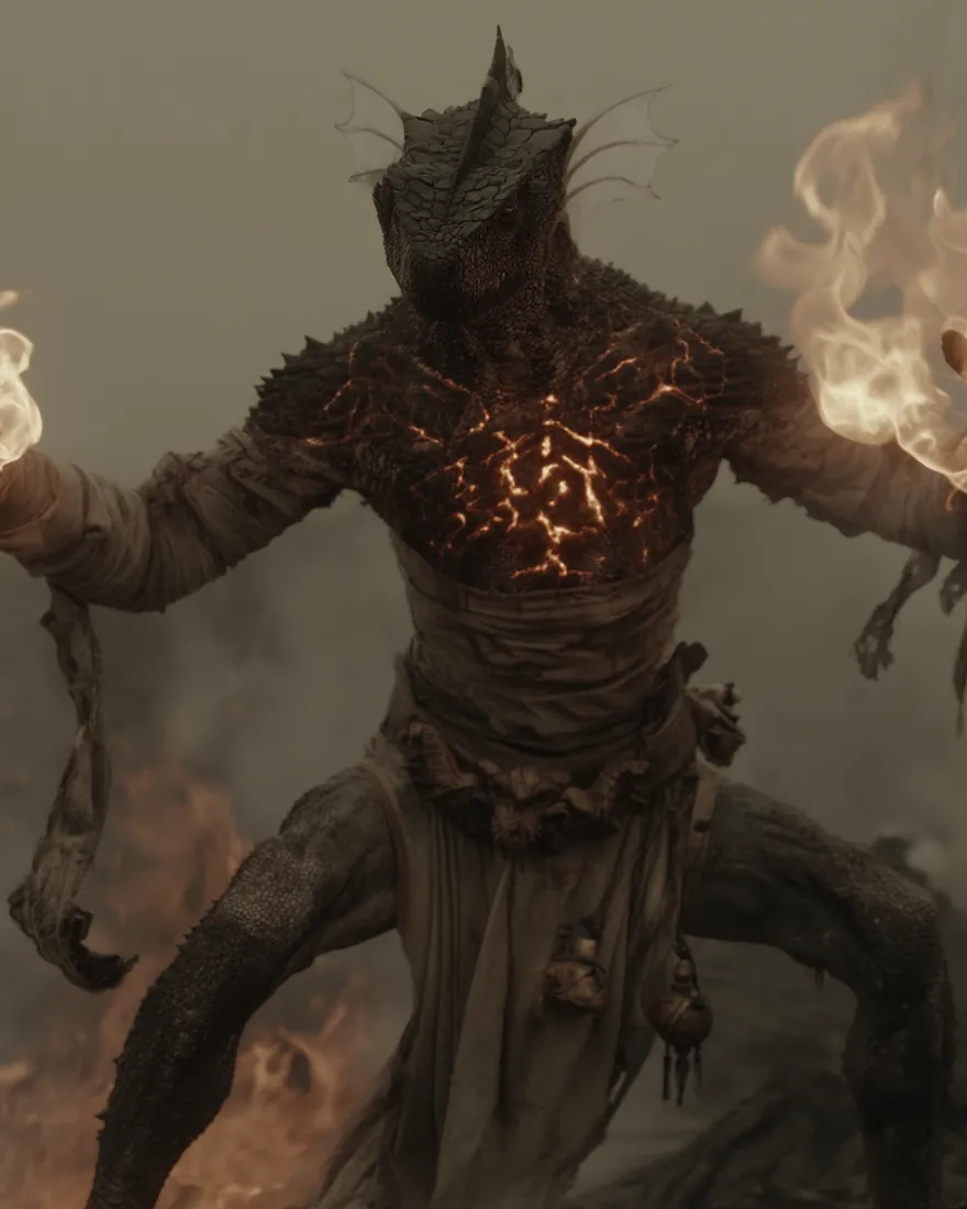 An Iziakagrack with fire in both hands, tiny jagged black scales over an angular finned body and pyromagic runes cut into the skin.
