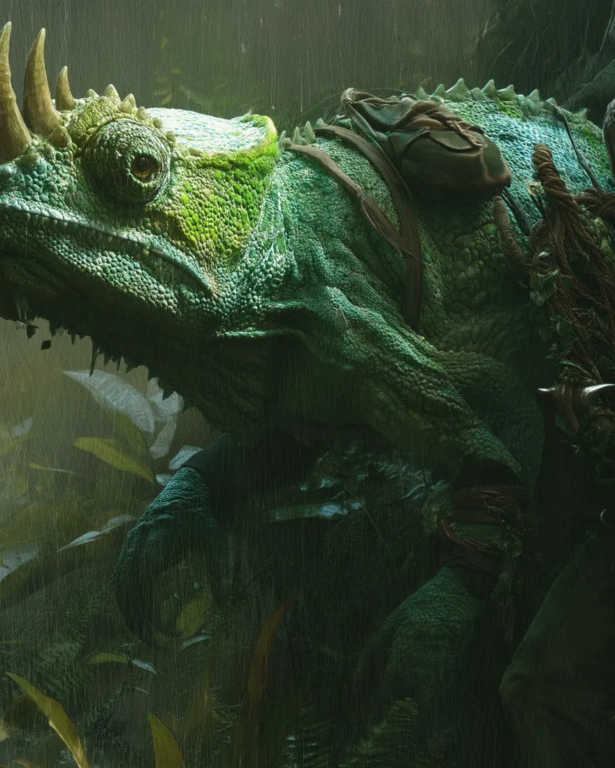 An Iziakbor in the wet green, three fleshy hardened horns out of the centre of the snout and the colour shifting as it goes.