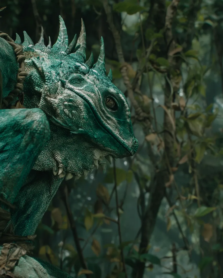An Iziakee in the canopy, hyper green and faded cyan, the small rough scaling crossed with crude white stripes.