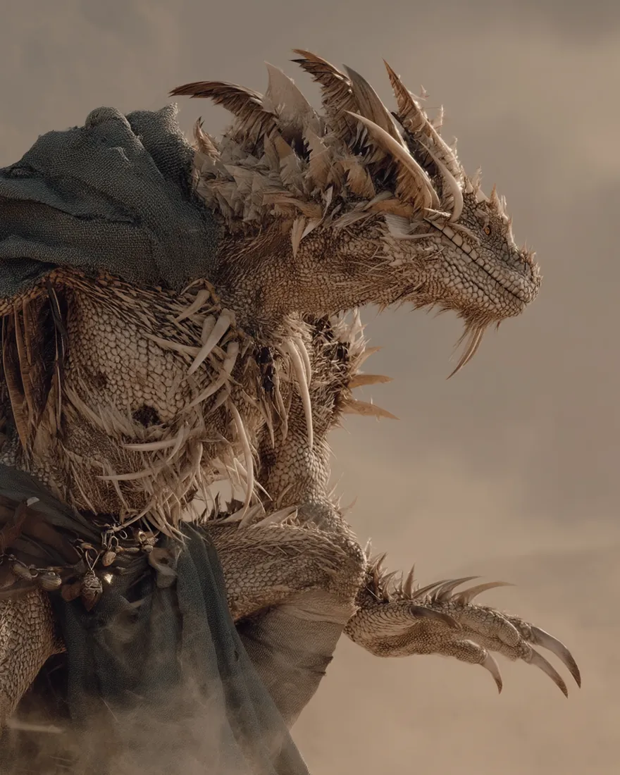 An Iziakinic waiting in blowing sand, the scaling jagged with sharp curved points, a skin that is a thousand small blades.