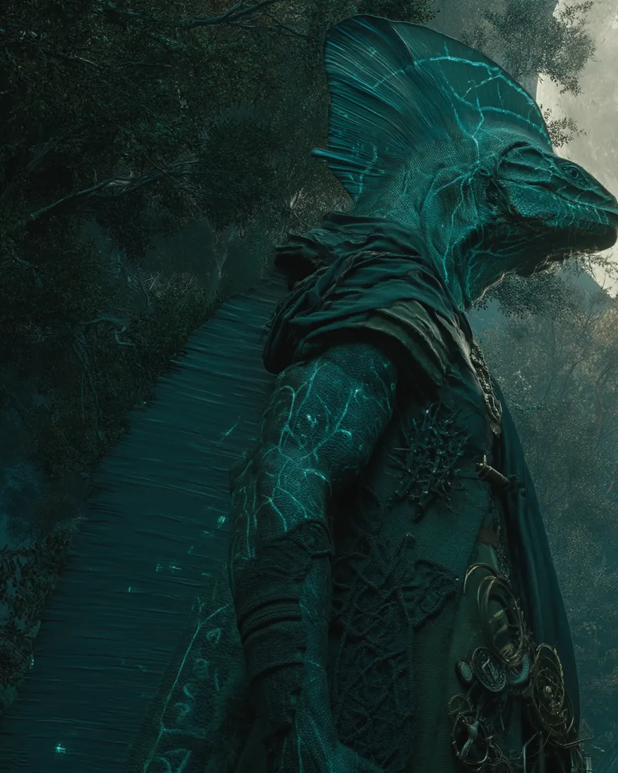 An Iziakmar on a forest bridge, dry translucent scaling in blue, green and tan with the vein network showing through it.