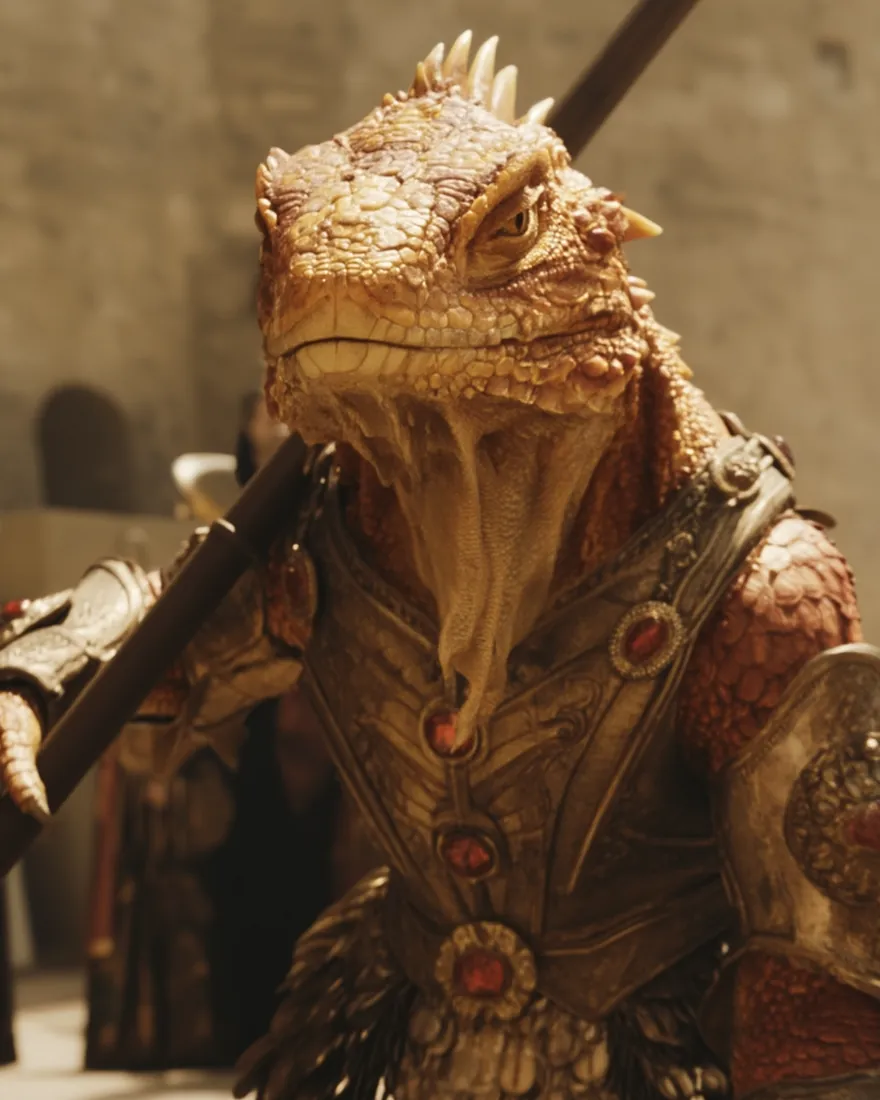 An Iziakoh in a sunlit court, droopy necked and scaled tan and gold, the ruby brown eyes already judging.