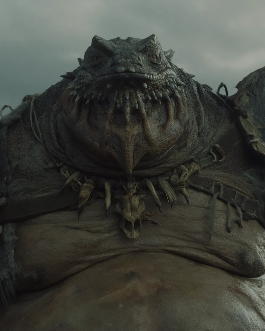 An Iziakoom on the cliff edge, the body fattened and the skin sagging, fat pockets bulging on a face with tired eyes.