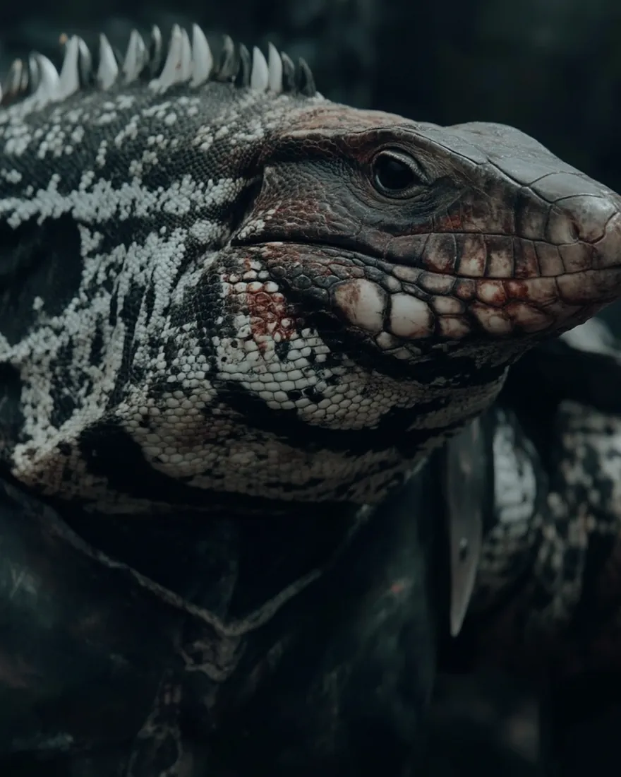 An Iziam in middle age, massive under smooth black and white spotted scale, the top of the snout gone discoloured.
