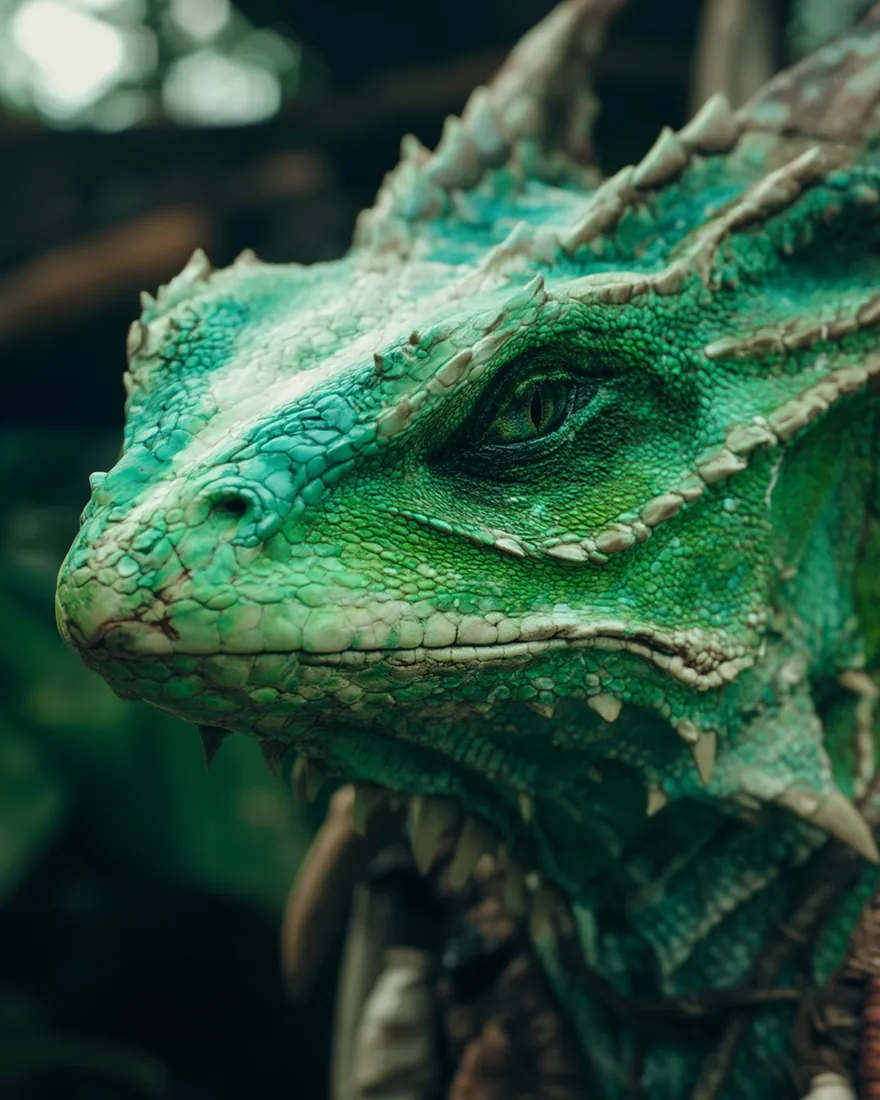 An Iziaka in green, head spikes running back across the skull and the teeth lining the jaw rather than sitting behind lips.