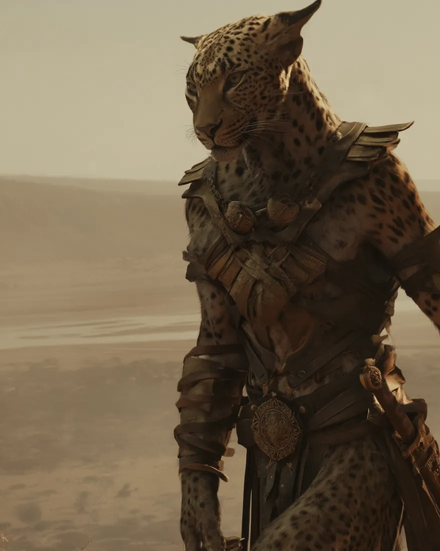 A Laathica on high ground, lean and tall with black dots through the coat, the river country hazy behind her.