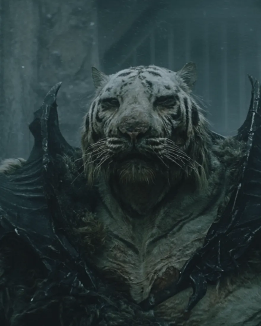 A Lanthen in a stone passage, the broad sharp head pale and black striped, the ears set wide for hearing at a distance.