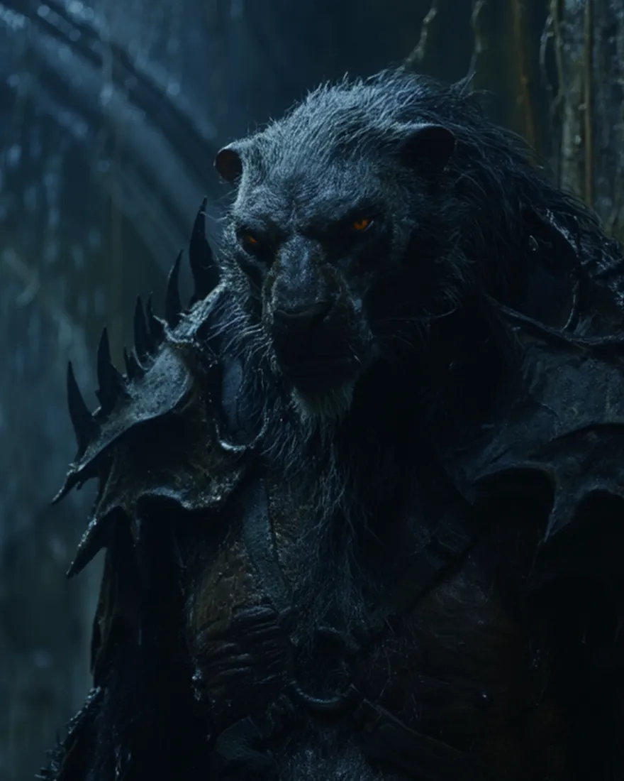 A Lanthrei at the edge of cover, dense black fur and sharp orange eyes, the claws never quite put away.