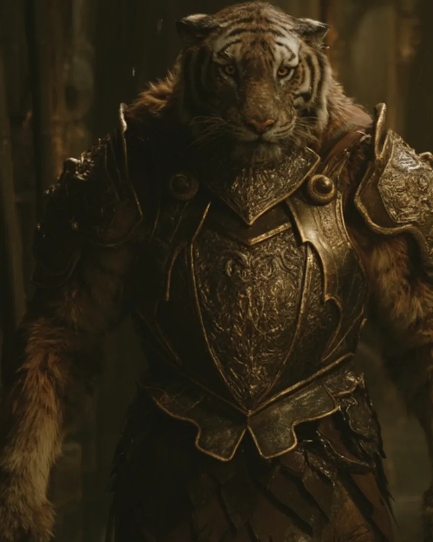 A Latharian in worked armour by torchlight, tall and heavy through the shoulder, the head still close to the cat it came from.