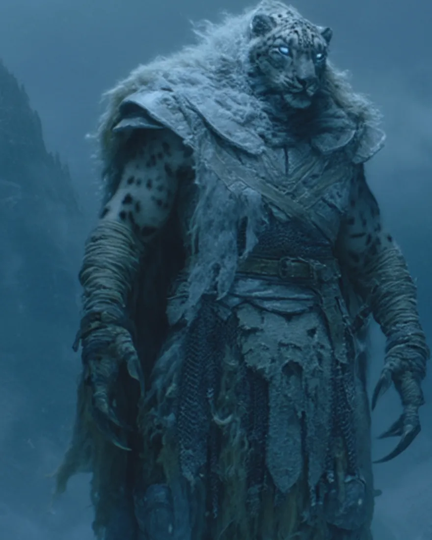 A Lathse in the snow haze, long hanging white fur spotted black, blue white eyes and the claws standing proud of the fingers.