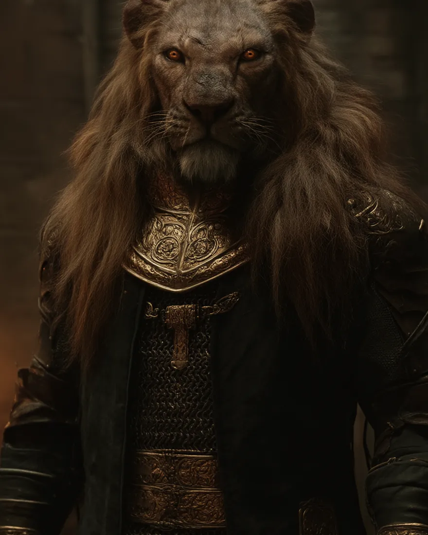 A Lathonian warden in a prison hall, lion head over a heavy Nu'umanoid frame, the cages full on either side of him.