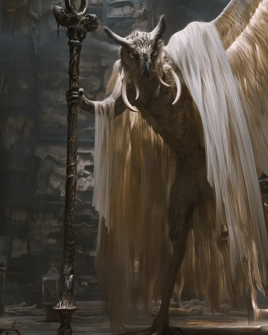 A Librar at ten feet in a ruined hall, the wingspan hanging like a pale cloak, two tusks flanking the curved beak and one growing out of the top of it.