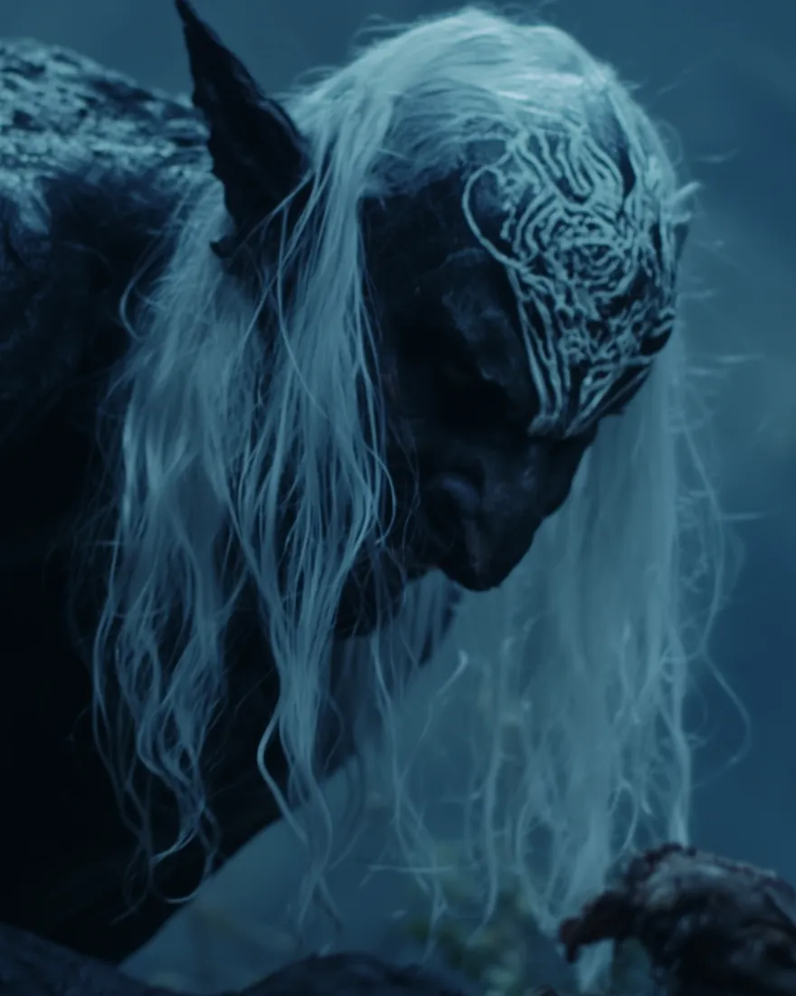 A Mekuhl bent over its take, void black under long white hair, the front of the head patterned pitch white.