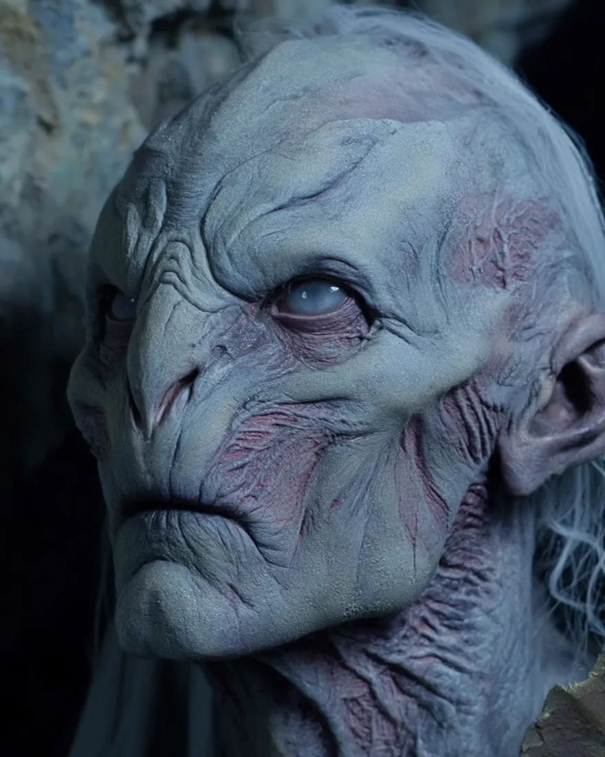 A Mekuhlian at close range, grey skin with the pink and purple veins showing through, the ear swept back and curved sharp.