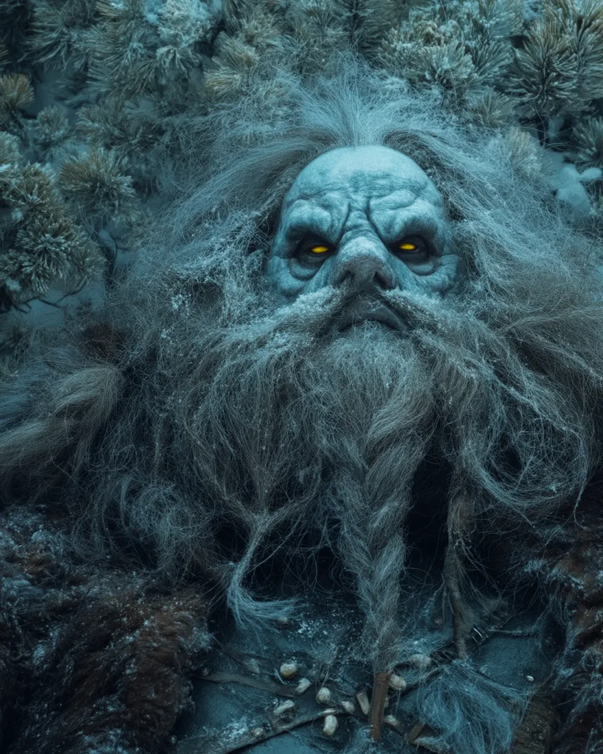 A Cold Kin in the frost, white-blue and heavy with hair, the eyes burning yellow behind their bags.