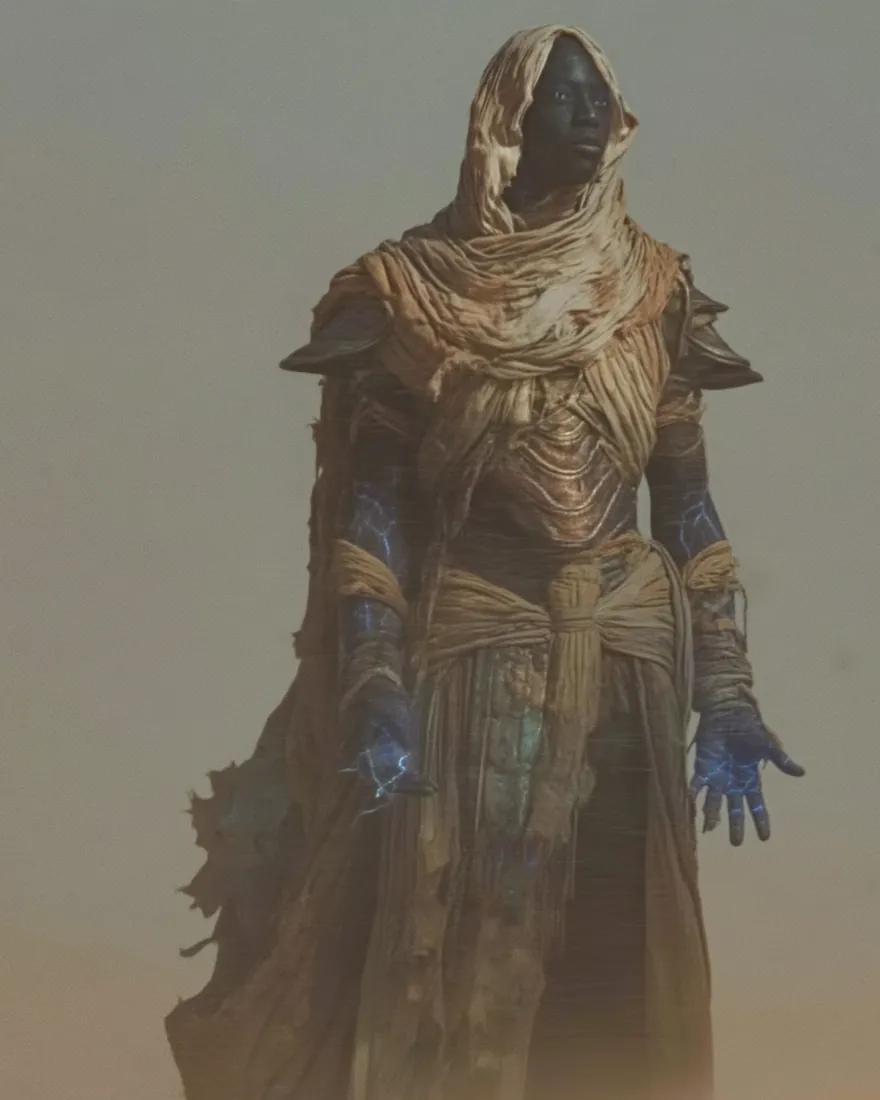 A Desert Walker coming out of the sand haze, wrapped against the sun, the blue vein light showing at the hands.