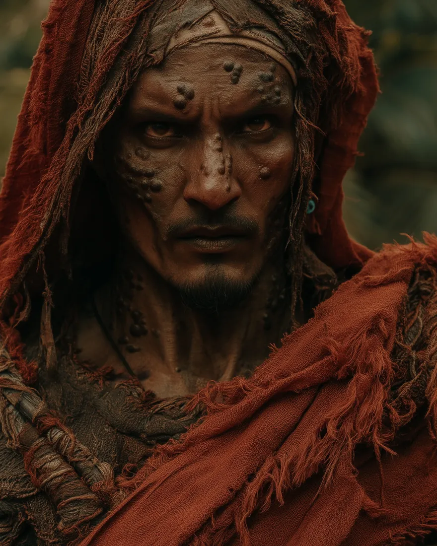 A Sun Strider in the red country, browner-orange in complexion, the water bumps raised across brow and cheek.