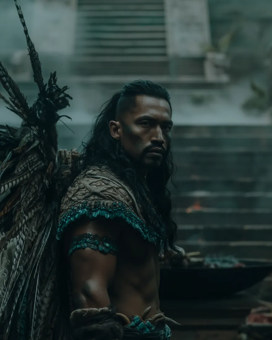 A Nu'umani on the wet steps of a temple, tall and long haired, the hardened cheekbones catching what light there is.