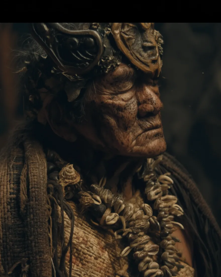 A Dew Skin elder in a worked headdress, the jaw that marks the strain plain in profile.