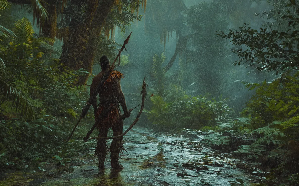 Eastern river country under a hot rainstorm, the water pitted with rain and the forest closing over both banks.