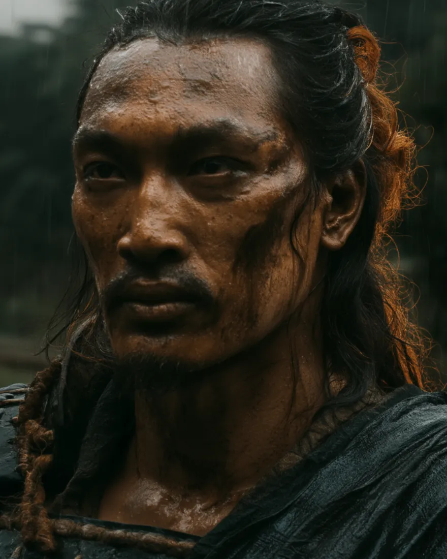 A Nu'umanwa in the eastern rain, hair pulled back and streaming, the eyelids drawn to slits against the downpour.
