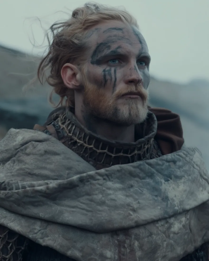 A Nu'uman on the coast road, paint worked across brow and cheek and worn as armour by a people whose skin is not.