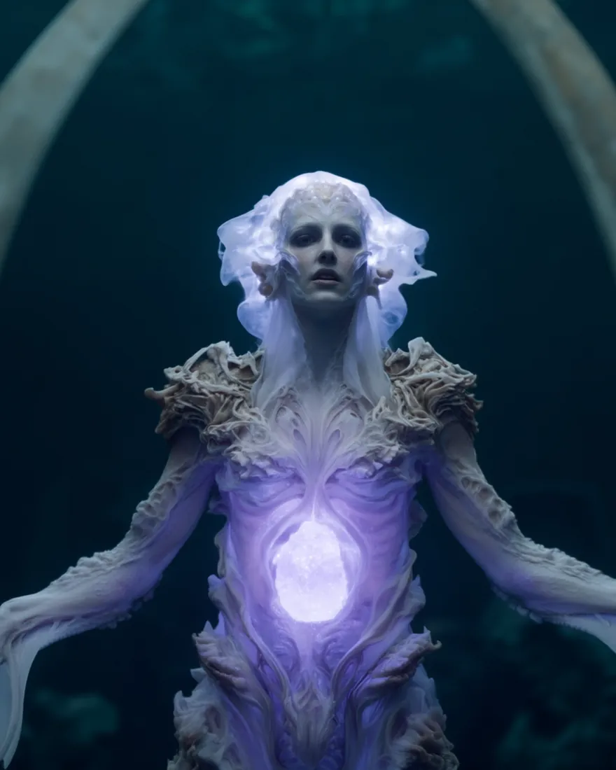 An Omacran of the emissary caste, the brain sack luminescent under its webbed crown, carved birth shells over the shoulders.