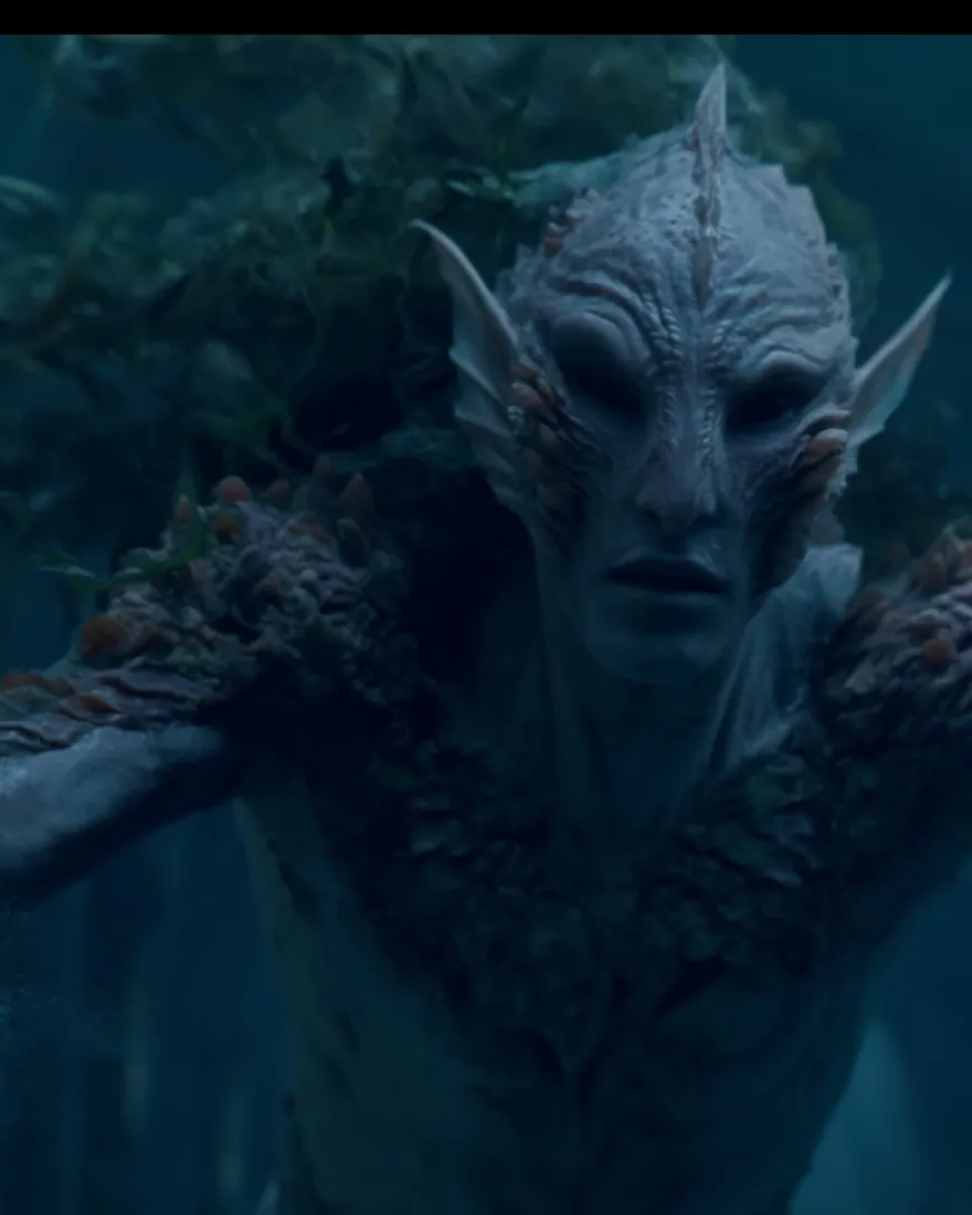 An Omasee holding still in dark water, weed hair drifting, the gills cut in lines across the face.