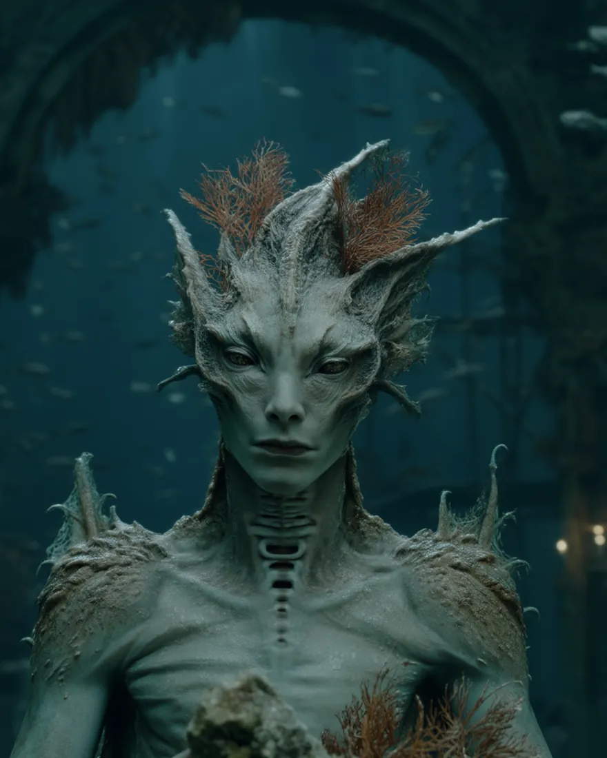 An Omivar at rest in a hall of its own building, coral grown through head and shoulders, gills worked along the neck.