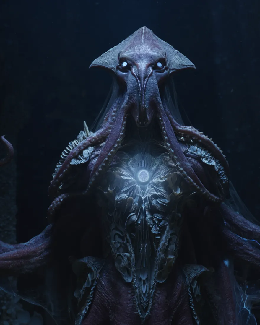 An Omacran envoy in dark water, webbed skin fallen like hair over the brain sack, the lifestone lit in the stomach.