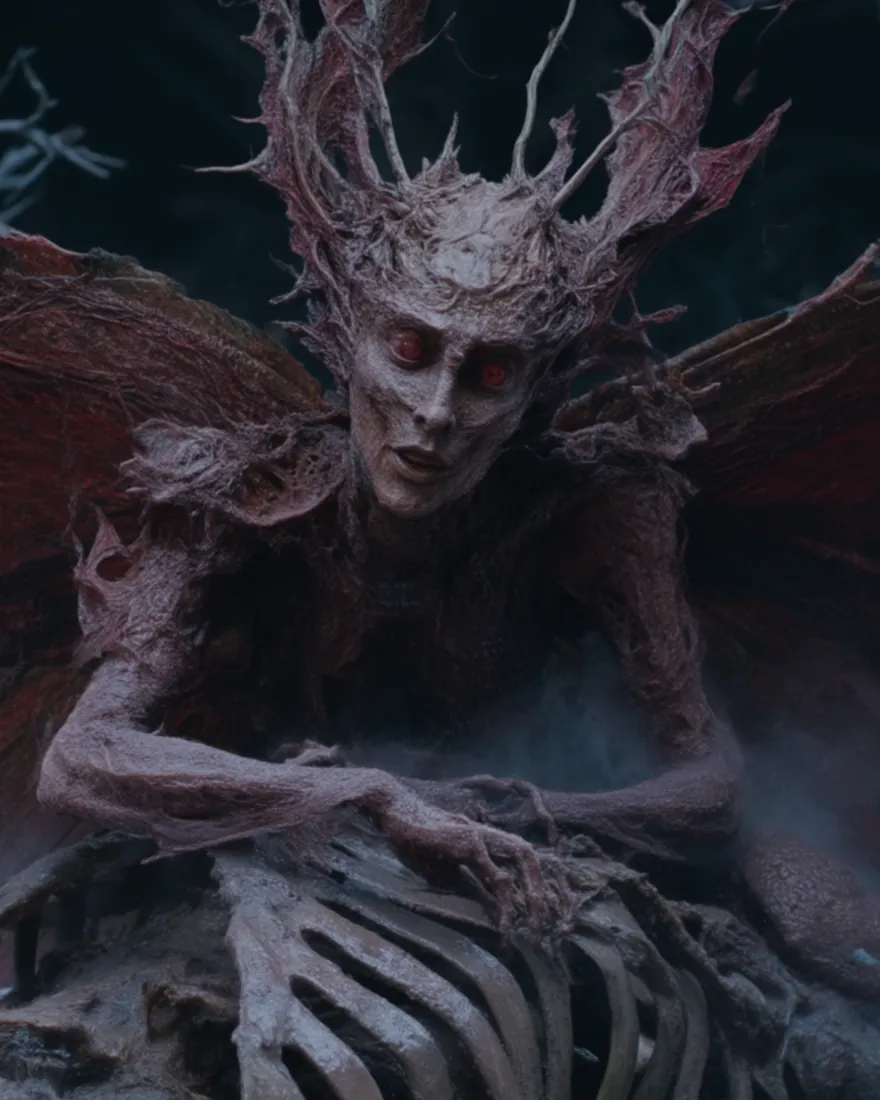 A Papilk crouched over a picked carcass in the snow, wings oversized and malformed, foul red eyes under the antlered crown.