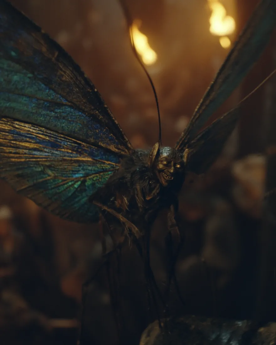 A Papill in a torchlit hall, dark of skin and sharp of feature, the iridescent wings open and the dust glands beneath them long dry.