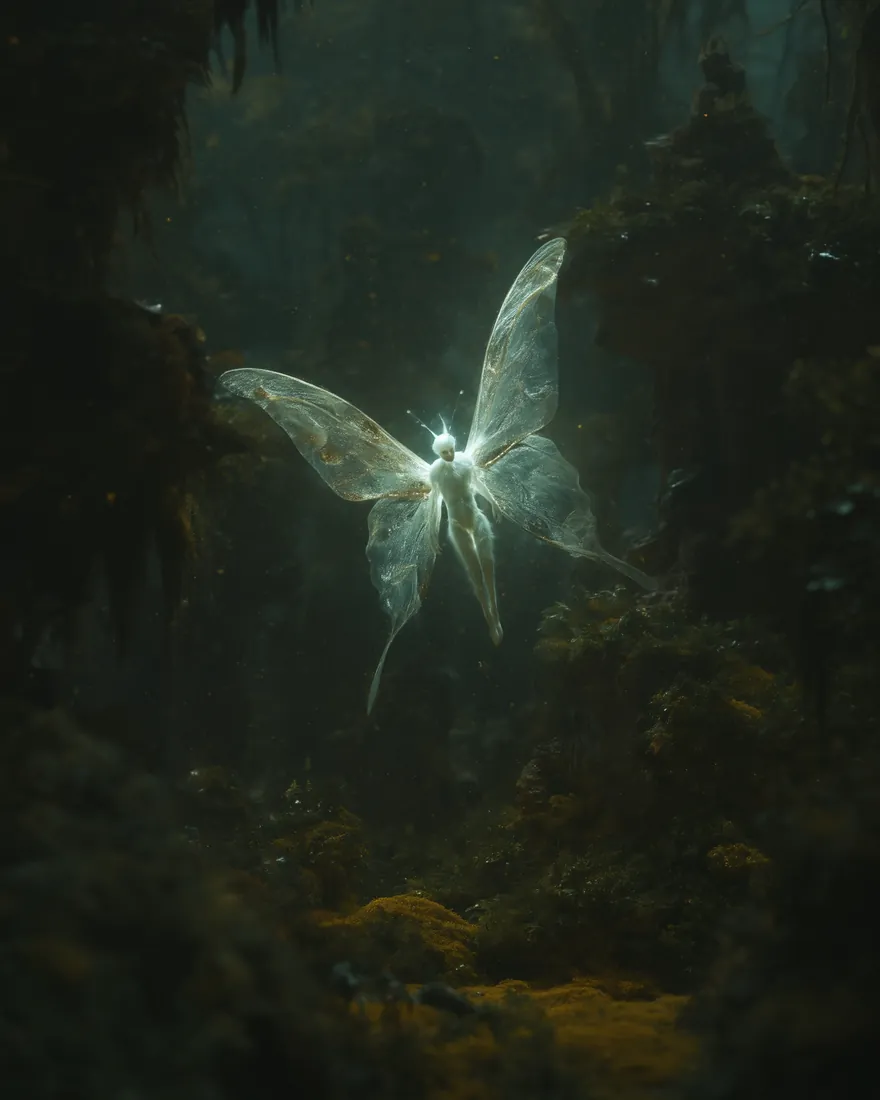 A Papillian at night in a forest grove, the light coming up through translucent skin and the rounded wings held open.