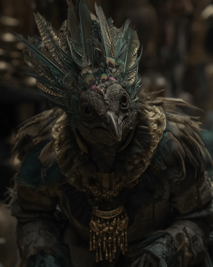 A Picoco seated among the leavings of a Pikon table, duller feathered and round, the mouth already going.