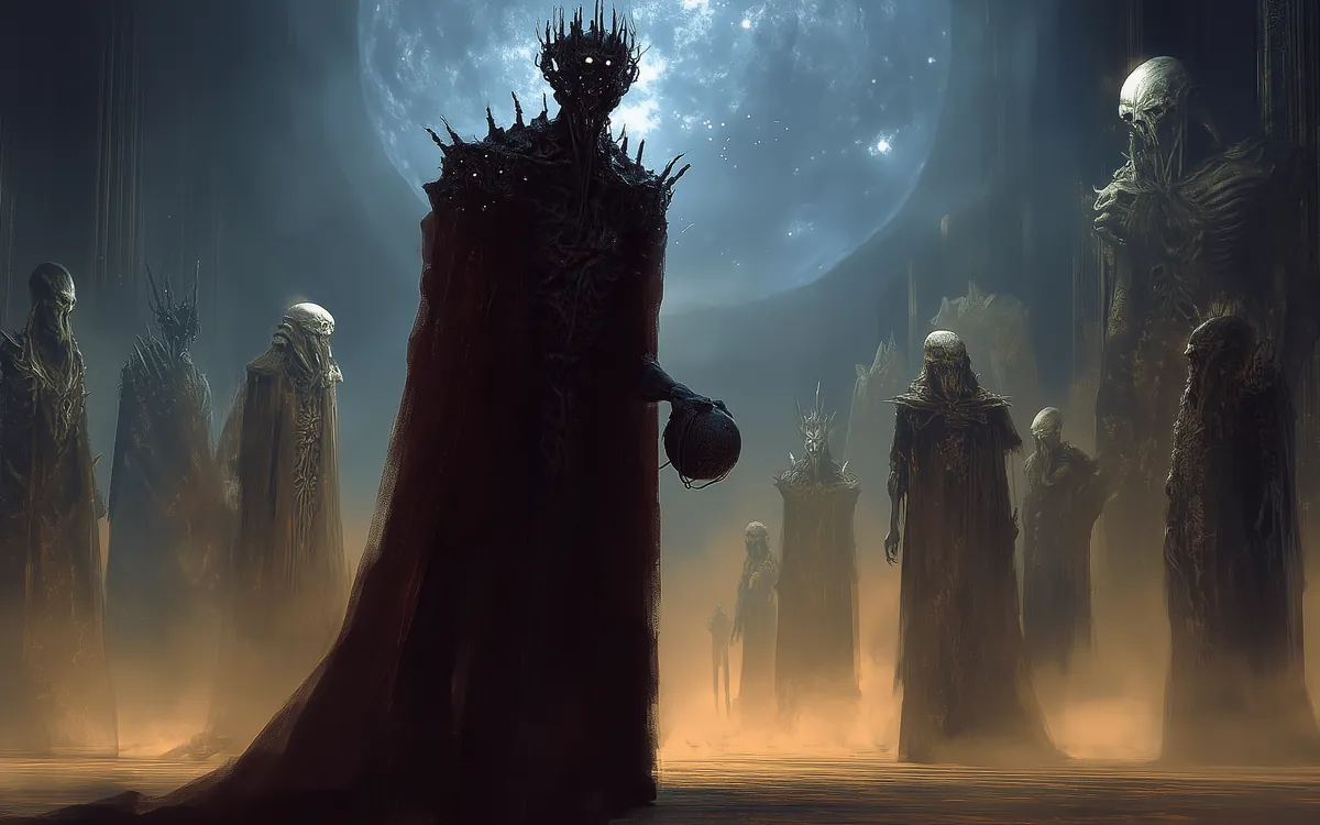 The court under the world in session, a prince of the Void holding the floor and the greater shapes standing to either side of him.