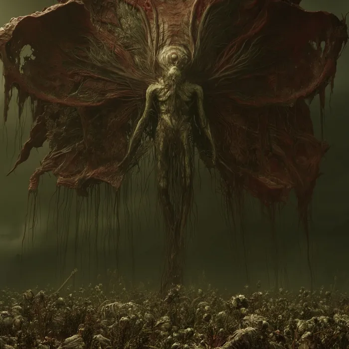 Kthuji'ji'ujhmi hanging over a field of skulls on torn red wings, the rot running off it into the ground.