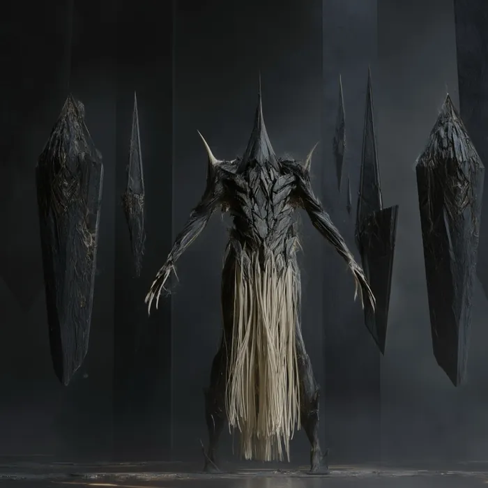 Kiessein'vohl standing in its own hall of hung blades, spined above the waist and pale below it.