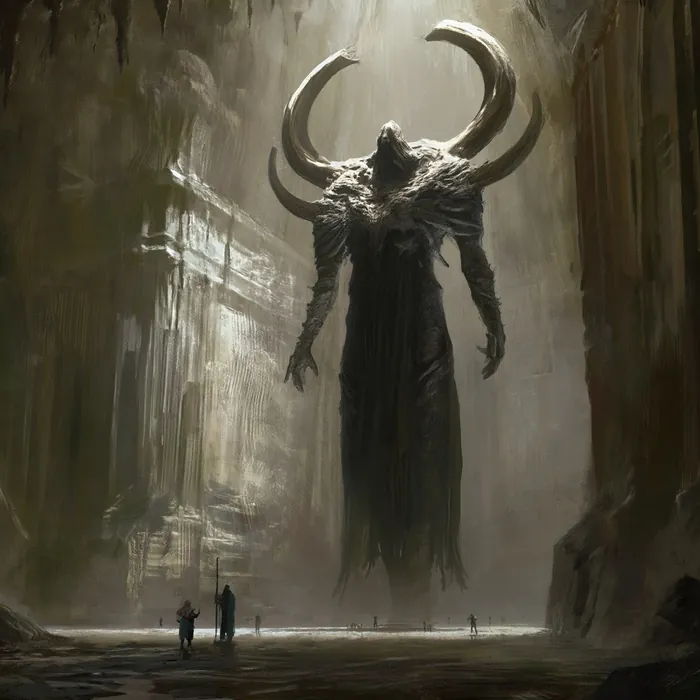 Ie'ishen standing at the end of a ruined gallery, horned and unmoving, two callers stopped small at its feet.