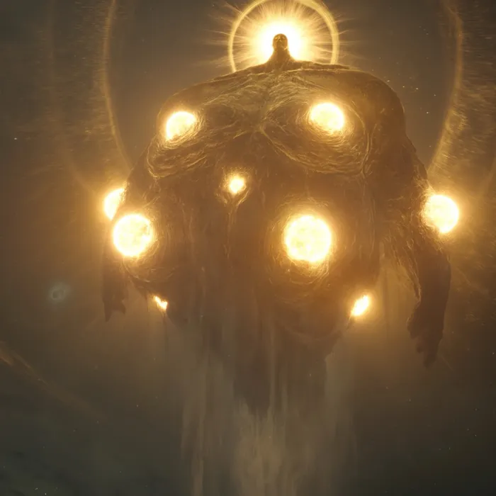 Tie'she'iki'veh burning in the dark between worlds, its lights set in a ring and a crowned shape at the top of them.