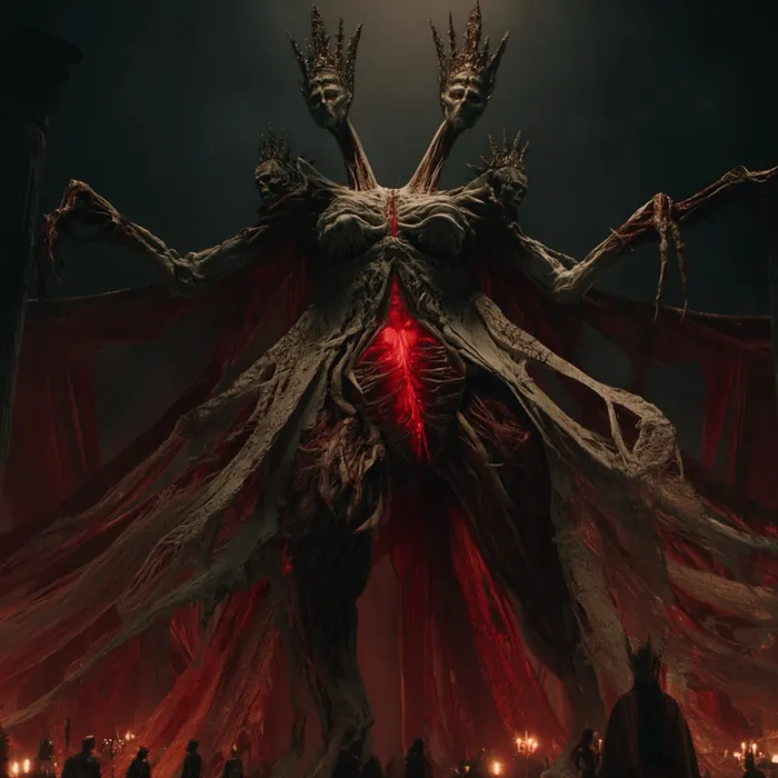 Cthaierv'dhurukxi on the seat of the coven chamber, arms raised over the red hangings with the candle bearers below her.