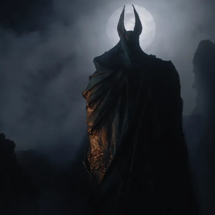 Khar'Shkahur on a crag against the moon, horns up and the wings shut around it.