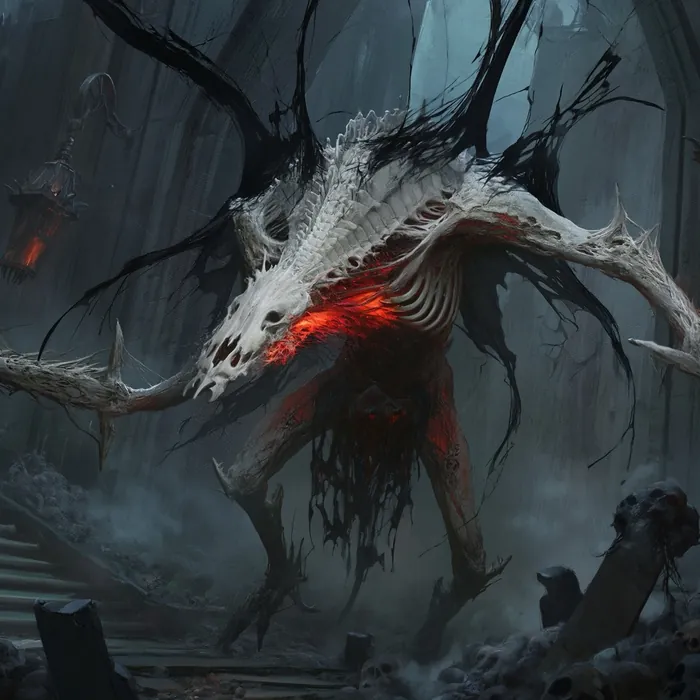 Vie'Kamee at the gate of the underway, white skulled and antlered with the lamps of the passage lit behind it.