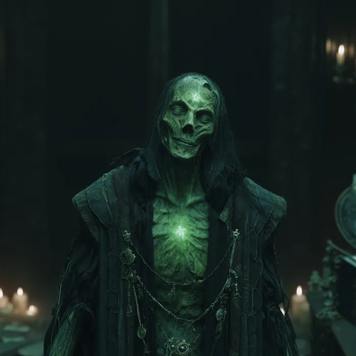 Vi'Lor Vethilex among its instruments and books, green light gathered in the chest and the face long past flesh.